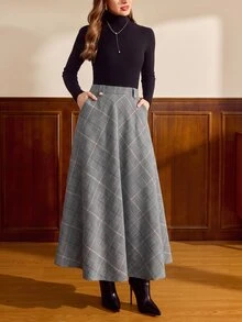 Vintamour 復古 1960s 70s 優雅女款格紋羊毛長裙，附口袋與鈕扣，休閒通勤辦公、茶會、工作、教師節適用，秋季棕色格紋 - 彩色 - 查看 6