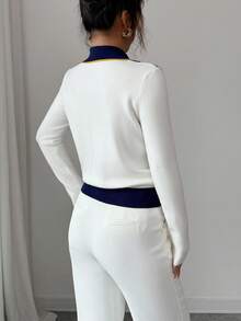 Elenzga Elegant Blue & White Argyle Pattern Turndown Collar Faux Placket Long Sleeve Knit Sweater, Suitable For Commuting And Everyday Wear, Autumn/Winter - Blue and White - View 2