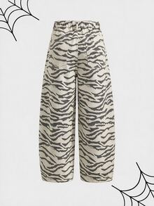 SHEIN PETITE CURVE 女款大尺碼豹紋牛仔寬腿褲 - 彩色 - 查看 2