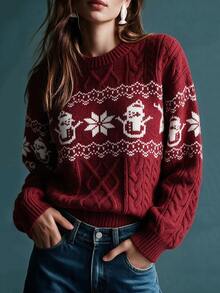 SHEIN LUNE Women's Autumn/Winter Christmas Snowman Pattern Drop Shoulder Long Sleeve Casual Sweater - Red - View 2