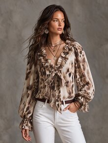 Solivie Women's Leopard Print Frill Trim Casual Daily Wear Shirt - Multicolor - View 2