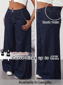 SHEIN CURVE+ 大尺碼女款寬鬆寬腿休閒牛仔褲，附口袋 - 深色水洗藍 - 查看 1