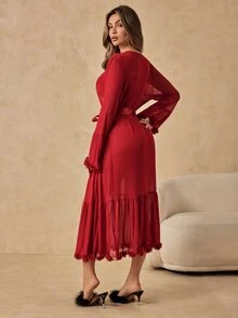 HautHeat Women's Solid Color 3D Floral Decor Elegant Robe - Burgundy - View 5