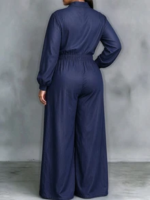 Linhara CURVE Plus Size ButtonFront Overall, Long Sleeve Elastic High Waist Loose Wide Leg Jumpsuit - Navy Blue - View 2