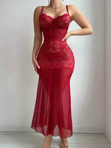 SHEIN 高端優雅蕾絲拼接網紗長洋裝 + G-String 2件套 - 酒紅色 - 查看 5