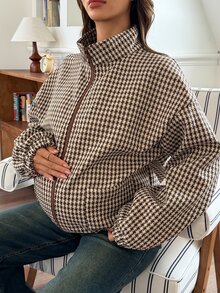 Dazy Maternity Vintage Houndstooth Loose Long Sleeve Zip-Up Casual Streetwear Everyday Spring/Autumn Maternity Regular Jacket - Khaki - View 7
