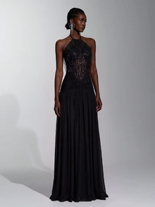 Elitara Elegant Minimalist Fashion Black Sequin Tassel Mesh Patchwork Halter Neck Backless Pleated A-Line Long Formal Evening Gown For Women - Black - View 6