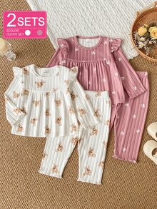 SHEIN Vintaside Kids 4件/2套女嬰可愛卡通泰迪熊與櫻桃印花羅紋針織兩件套，荷葉邊長袖上衣+長褲，適合日常穿著，秋冬款 - 彩色 - 查看 3