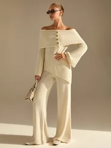 CLARA VERO Off Shoulder Palazzo Knit Set, Evening Or Dinner, Folded Neck, Flare Sleeve, Asymmetric Front - Cream - View 6