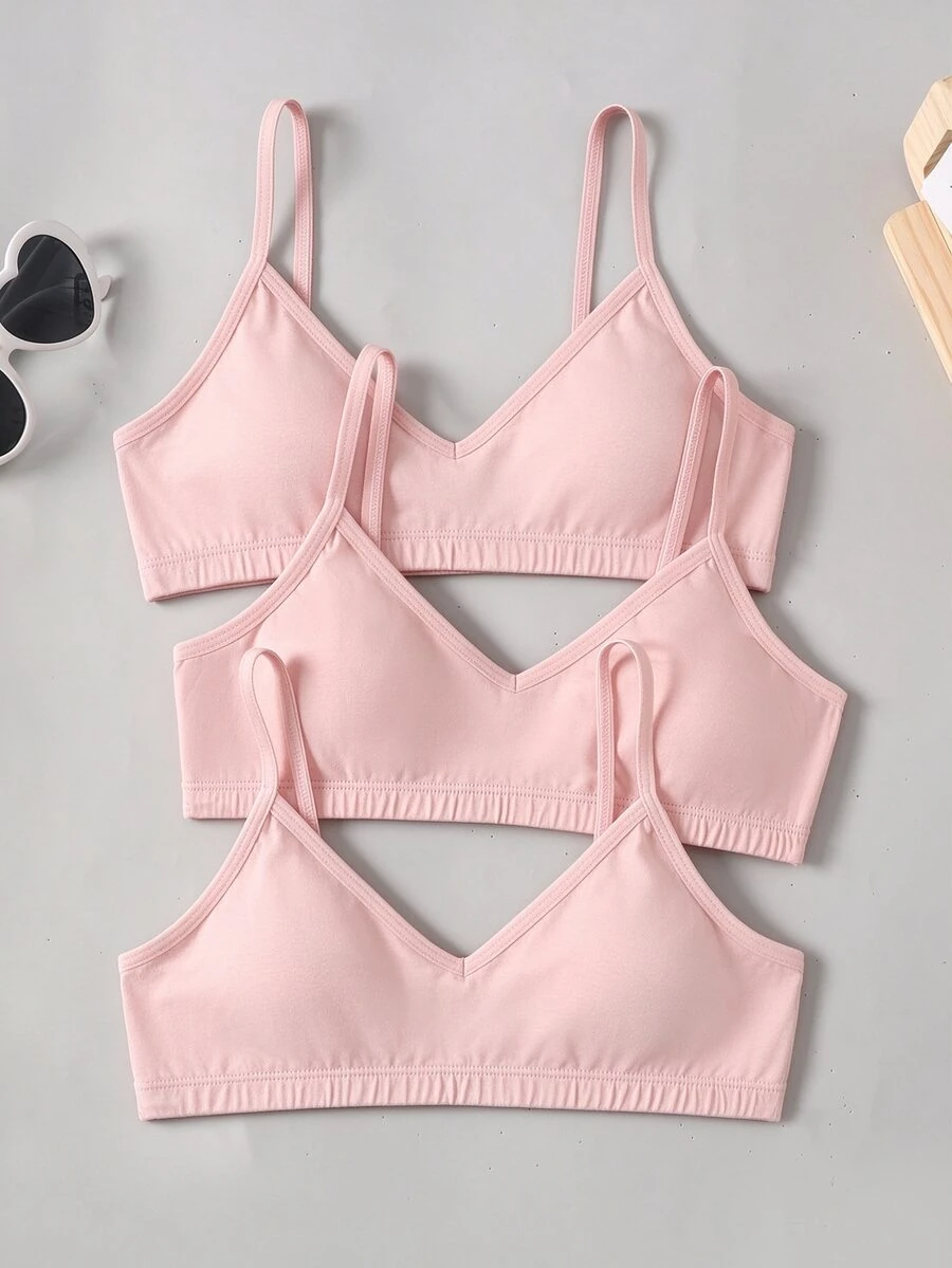 SHEIN Girlism 3件組 青少年女孩極簡舒適純色V領加墊背心式內衣套裝 - 彩色 - 查看 1