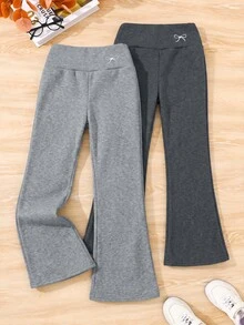 SHEIN 2件組青少年女孩休閒百搭羅紋保暖內裡修身高領蝴蝶結喇叭褲套裝，秋冬款 - 彩色 - 查看 2