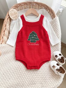 SHEIN Baby Girl Letter Pattern Casual Daily Knit Romper - Red - View 7
