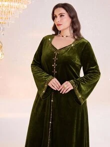 Al Najma Plus Size Women's Casual Party & Travel Arabian Dress - Army Green - View 9