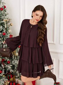 Easowa Curve Plus Size Women Solid Color Round Neck Flare Sleeve Multi-Layer Ruffle Fashion Party Dress - Chocolate Brown - View 3
