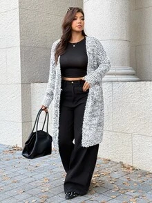 Easura Plus Size Mixed Yarn Fuzzy Pocket Design Cardigan Long Sleeve Knit Sweater Comfortable Casual - Multicolor - View 7