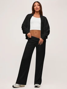SHEIN BASICS 女款簡約百搭長袖拉鍊夾克 - 黑色 - 查看 7