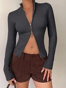 Aloruh Women's Casual Ribbed High Neck Zip-Up Long Sleeve Sweater Cardigan, Yellow, Suitable For Everyday Wear And Sports, Autumn/Winter - Dark Grey - View 5