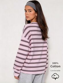 SHEIN 青少年女孩秋季上衣 素色休閒百搭日常長袖T恤，假日穿搭，舒適 - 粉色 - 查看 2