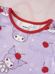 HELLO KITTY AND FRIENDS | SHEIN Young Girl Cartoon Cherry Print Round Neck Flutter Sleeve Cute Dress - Purple - View 4