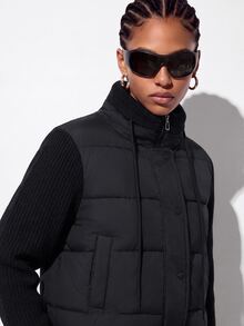Aveloria GENKIRA Women's Padded Coat Short Straight Knit Patchwork High Neck Drawstring Modern Streetwear Casual Black Quilted Plaid Puffer Jacket Winter Club Everyday - Black - View 4