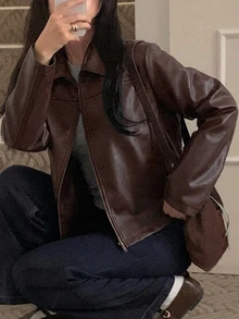 DAZY Solid Color Loose Fit Lapel Long Sleeve Casual Streetwear Autumn/Winter Jacket For Women Leather - Brown - View 1