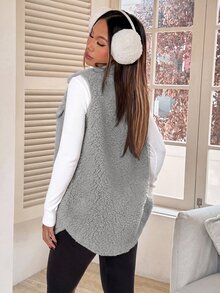 SHEIN EZwear 女款大腿長棕色法蘭絨泰迪外套，領口設計，寬鬆版型，適合秋冬穿著 - 淺灰色 - 查看 2