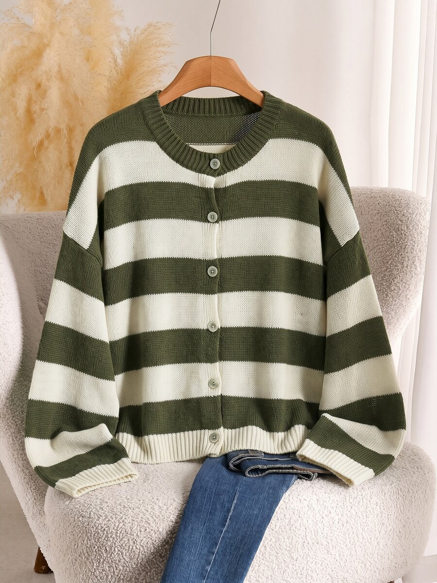 Elaquor Plus Size Women's Striped Drop Shoulder Long Sleeve Single-Breasted Knit Cardigan Winter - Green - View 1