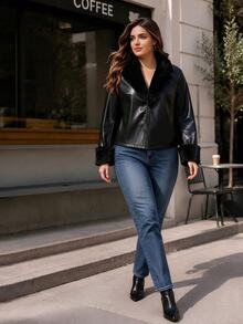 Velvienne Black Leather Fuzzy Collar Fuzzy Cuff Patchwork Leather Short Jacket Fashion Casual Plus Size Autumn/Winter Coat - Black - View 1