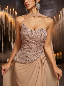 Glamrae Elegant Champagne Sequin Sequins Chiffon Strapless Sweetheart Ruched Draped Peplum Cape Mermaid Train Wedding Guest Prom Ball Autumn Evening Gown - Champagne - View 7