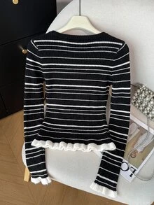 Muvela 女款提花拼色條紋前開扣荷葉邊圓領修身長袖針織開襟毛衣 秋冬款 - 黑色 - 查看 2