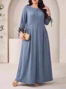 Al Najma Plus Size Women Solid Color Pleated Casual Party Arabian Dress - Dusty Blue - View 6