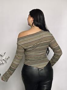 Firerie Plus Size Striped Asymmetric Shoulder Long Sleeve T-Shirt, Autumn/Winter - Multicolor - View 2
