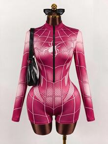 SHEIN ICON Women's Spider Print Casual Daily Wear Romper - Hot Pink - View 6