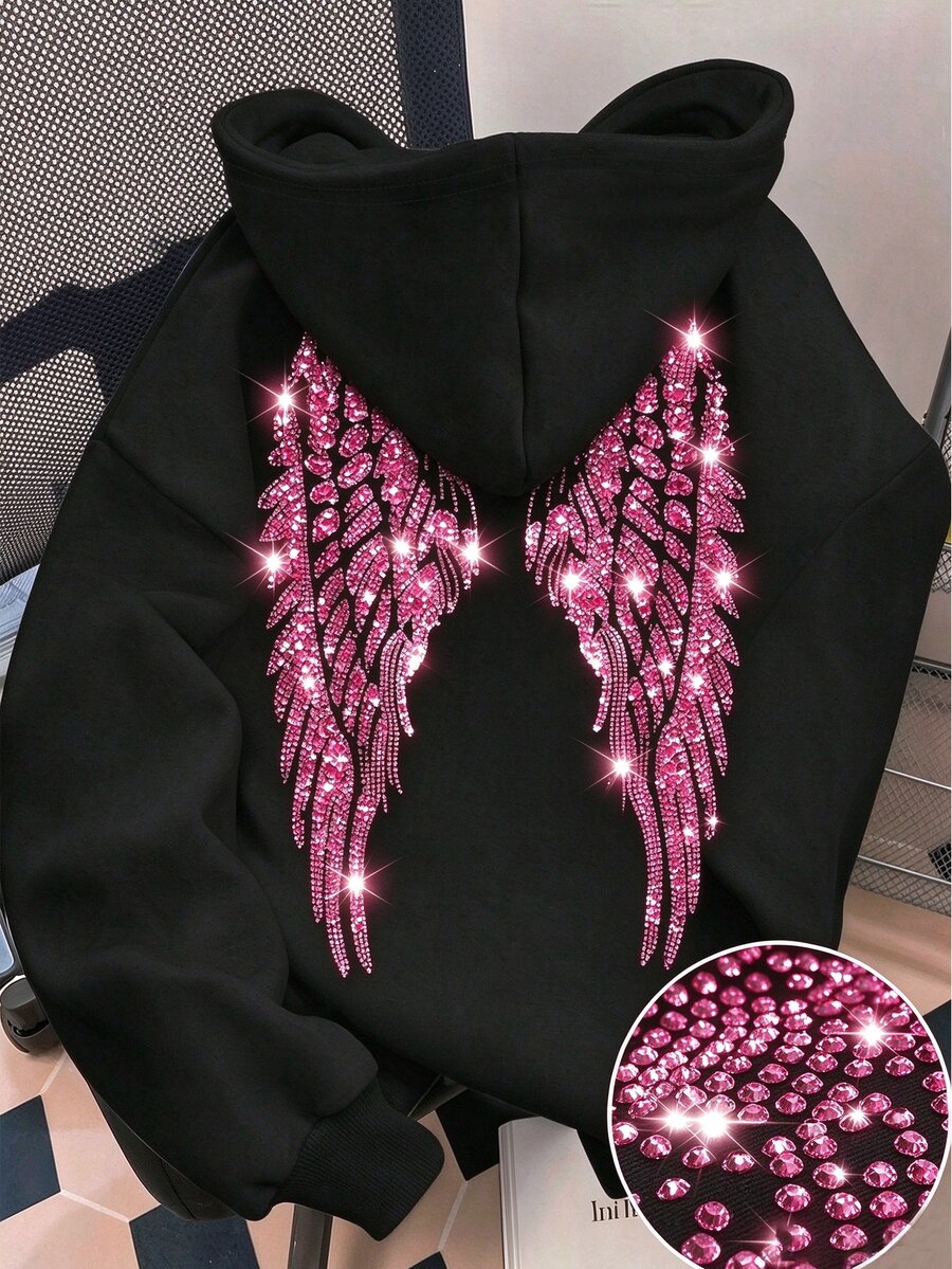 SHEIN Sparklyn 青少年女孩長袖連帽寬鬆黑色運動衫，萬聖節秋季派對街頭風休閒穿搭 - 黑色 - 查看 1