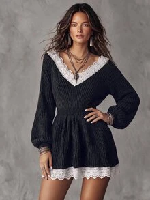 Solivie كنزة نسائية سوداء للخريف/الشتاء، كنزة شينيل بتصميم كتل لونية متباينة مع دانتيل - الأسود - مشاهدة 7