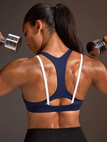 Powerista Women's Blue & White Colorblock Shoulder Strap Front Zipper Medium Support Sports Bra - Navy Blue - View 1