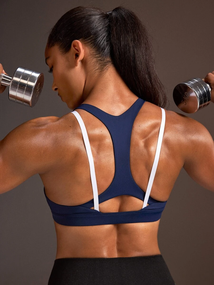 Powerista Women's Blue & White Colorblock Shoulder Strap Front Zipper Medium Support Sports Bra - Navy Blue - View 1