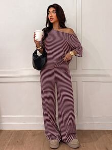 Siren Gaze Women's Striped One-Shoulder Top And Loose Pants Set - Burgundy - View 7