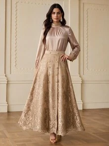 ZEYLAH Women's Solid Color Pleated Long Sleeve Top And Floral Embroidered Pattern Skirt Fashion 2 Pieces Set - Champagne - View 5