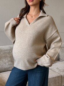 DAZY Solid Color Loose Fit Collared Long Sleeve Casual Vintage Korean Style Daily Autumn/Winter Thick Knit Sweater For Maternity - Khaki - View 1