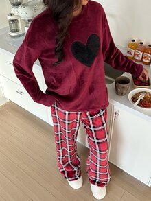 ZzzCrew Heart Embroidered Round Neck Top & Plaid Print Long Pants Comfortable Plush Pajama Set - Red - View 4