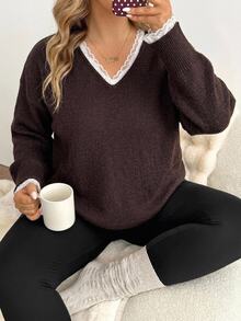SHEIN CURVE+ Plus Size V-Neck Lace Trim Loose Casual Daily Back To School Office Knit Sweater - Brown - View 5