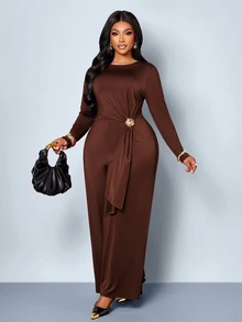 SOLERSUN Plus Size Solid Color Draped Long Sleeve Jumpsuit, Round Neck, Minimalist Cut, Waist Side Metal Buckle With Flap, Evening Party, Elegant Mature Style, One-Piece - Coffee Brown - View 4