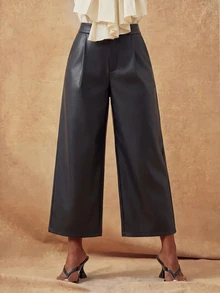 SHEIN Lunessa Women's Black Designer PU Leather Pants - Black - View 5