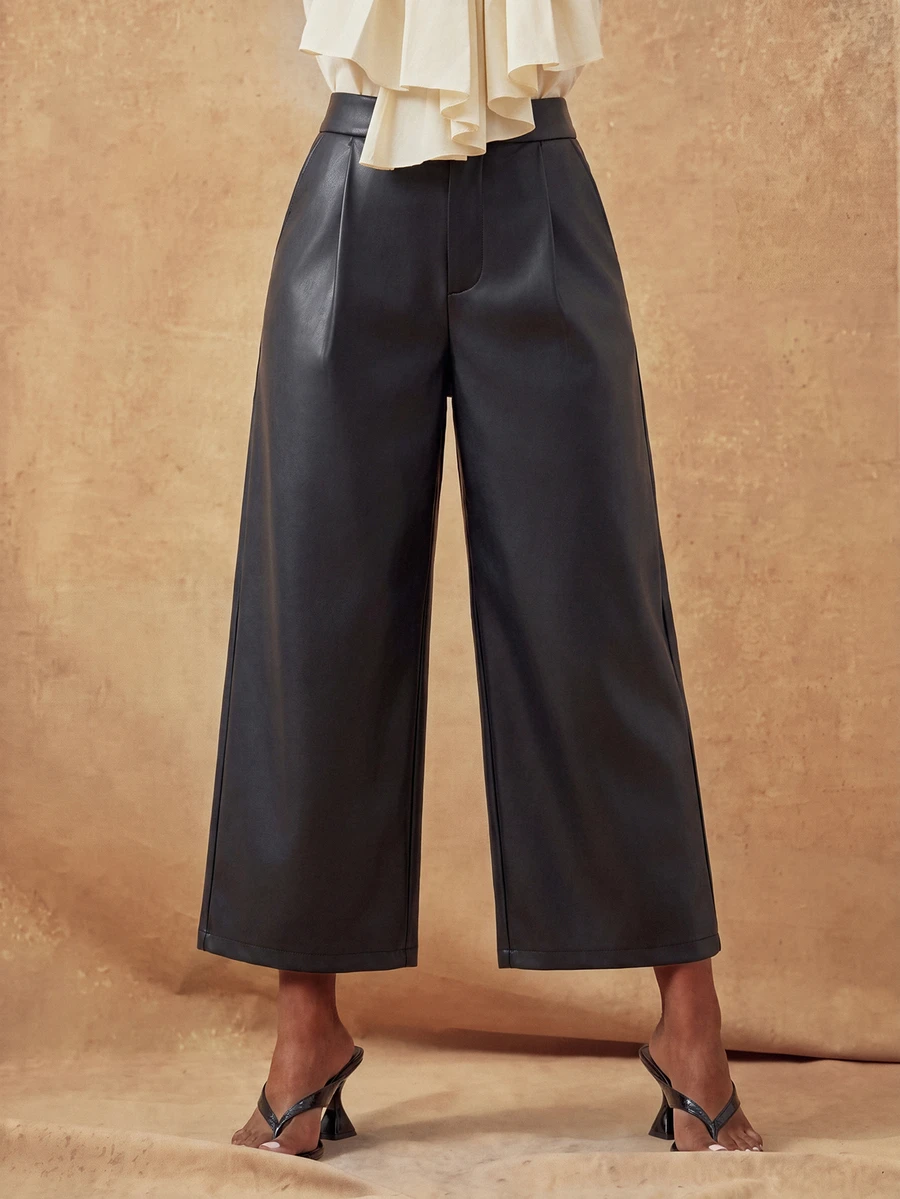 SHEIN Lunessa Women's Black Designer PU Leather Pants - Black - View 1