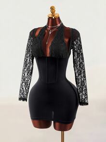 Mistrie Women's Black Sexy Lace Backless Party Long Sleeve Short Dress - Black - View 2