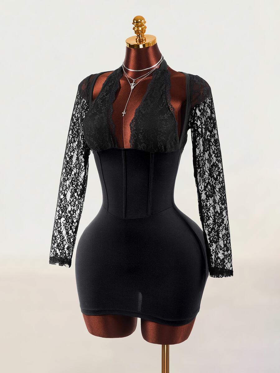 Mistrie Women's Black Sexy Lace Backless Party Long Sleeve Short Dress