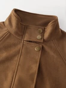 SHEIN American Vintage Premium Texture Drawstring Motorcycle Style Suede Velvet Stand Collar Jacket Short Coat - Khaki - View 6