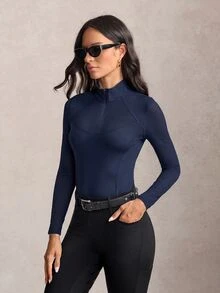 Activina Women's Stand Collar Half-Zip Contrast Color Pullover Equestrian Top Long Sleeve T-Shirt - Blue - View 5