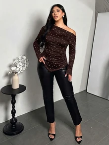 Firerie Plus Size Women Polka Dot Asymmetrical Shoulder Casual Daily Wear T-Shirt - Brown - View 6